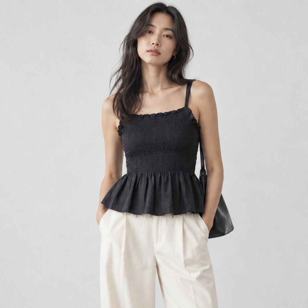 McGuire Top Womens XS Black Sleeveless Smocked Cotton Ruffle Tank